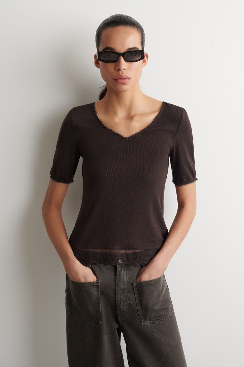Lace-Trimmed Ribbed V-Neck T-Shirt