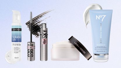 Lineup of the best new beauty launches in April 2026 (L-R) from John Frieda, Maybelline, Laura Mercier and No7, on a blue background with cream, serum and mascara swatches