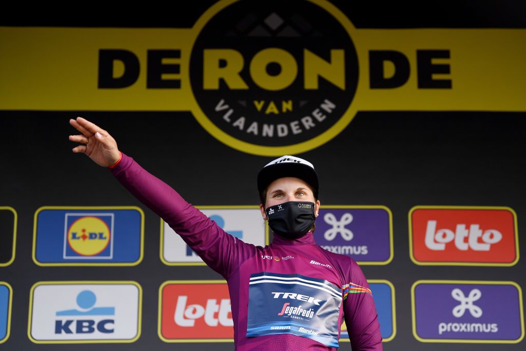 OUDENAARDE BELGIUM APRIL 04 Podium Elisa Longo Borghini of Italy and Team Trek Segafredo Pink UCI Womens WorldTour Leader Jersey Celebration during the 18th Ronde van Vlaanderen Tour of Flanders 2021 Womens Elite a 1524km race frim Oudenaarde to Oudenaarde Mask Covid safety measures RVV21 rondevanvlaanderen tourofflanders UCIWWT on April 04 2021 in Oudenaarde Belgium Photo by Tim de WaeleGetty Images