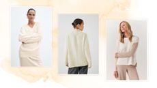 composite of three women wearing the best cream jumpers for 2023 on a cream watercolour background