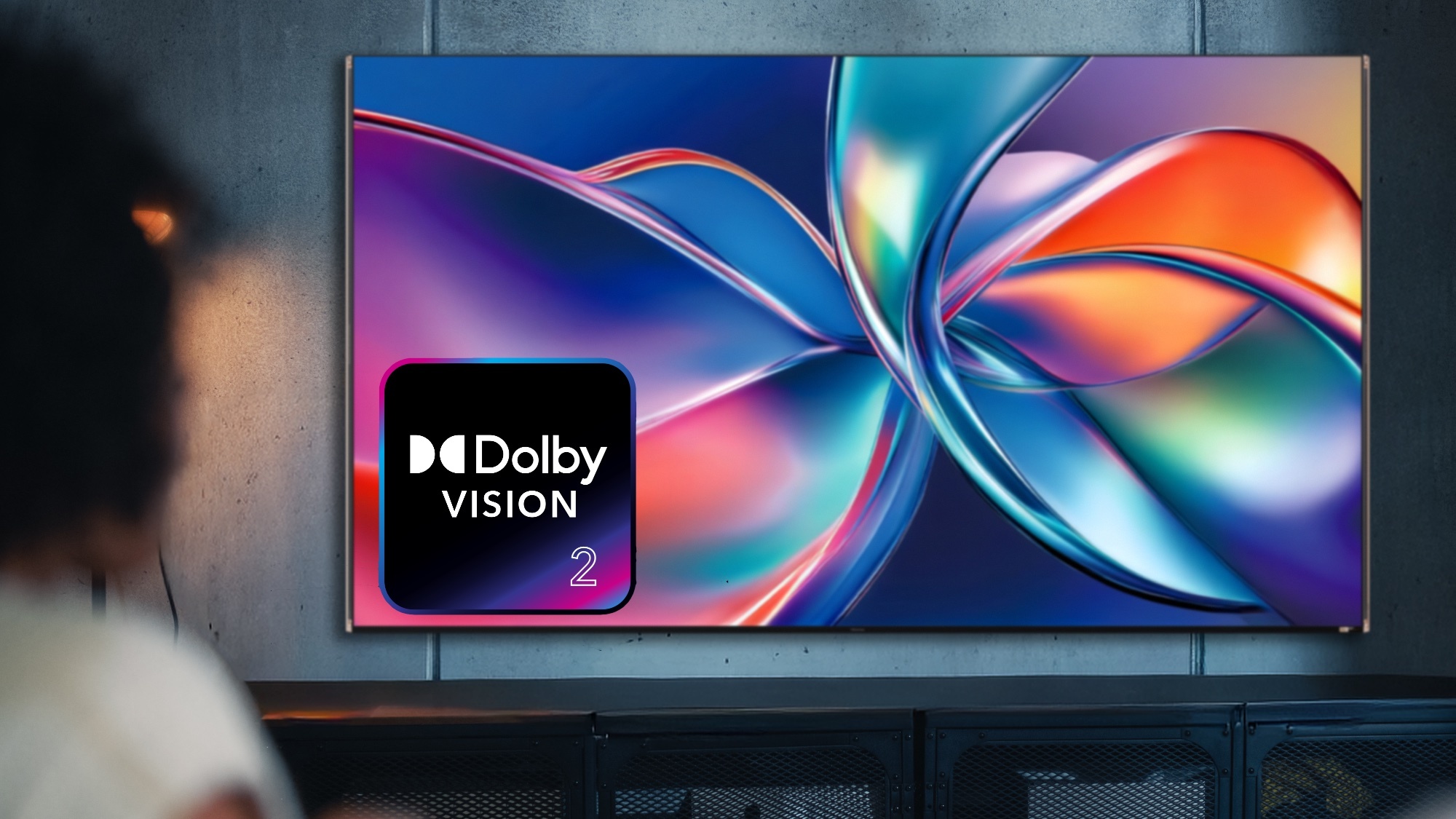 A TV sporting the Dolby Vision 2 logo in a living room