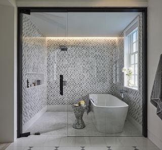 A bathroom with a wet room