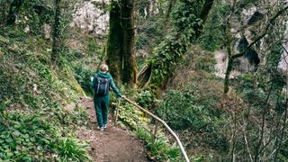 Woman practicing silent walking through forest, wearing backpack