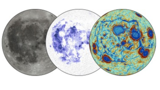 (Left) a "traditional" lunar view (center) mare region is surrounded by a polygonal pattern of linear gravity anomalies (right) blue patches indicate vestiges of dense material that sank into the interior of the moon.