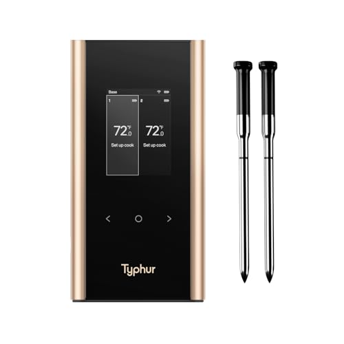 Typhur Sync Gold Wireless Wifi Meat Thermometer, 2 Slim Probes, 6 Sensors, 10x Stronger Signal, &amp;plusmn;0.5&amp;#8457; Accuracy, Smart Base Direct Setup, Reliable Reading Through Kamado Grill Bbq Oven Smoker Air Fryer