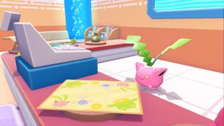 Hoppip at the till in the Pokemon Centre in Pokopia