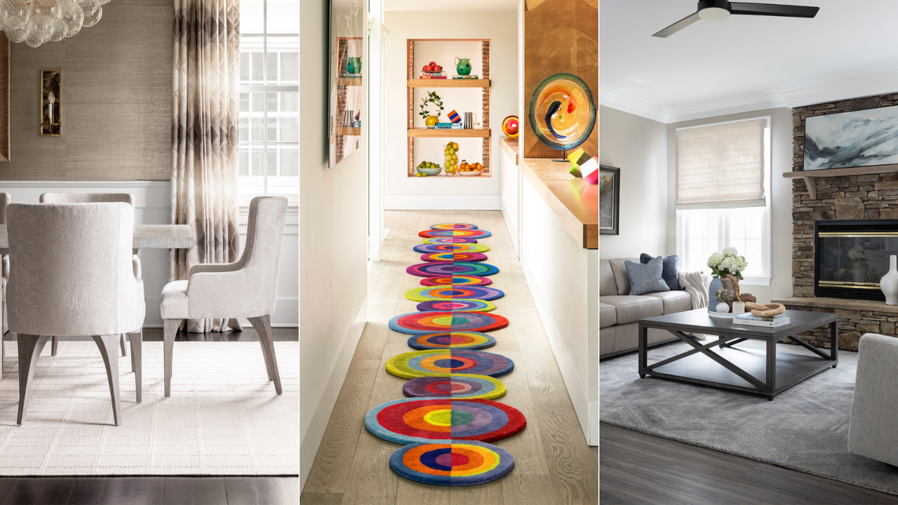 Three rugs in dining room, entryway and living room