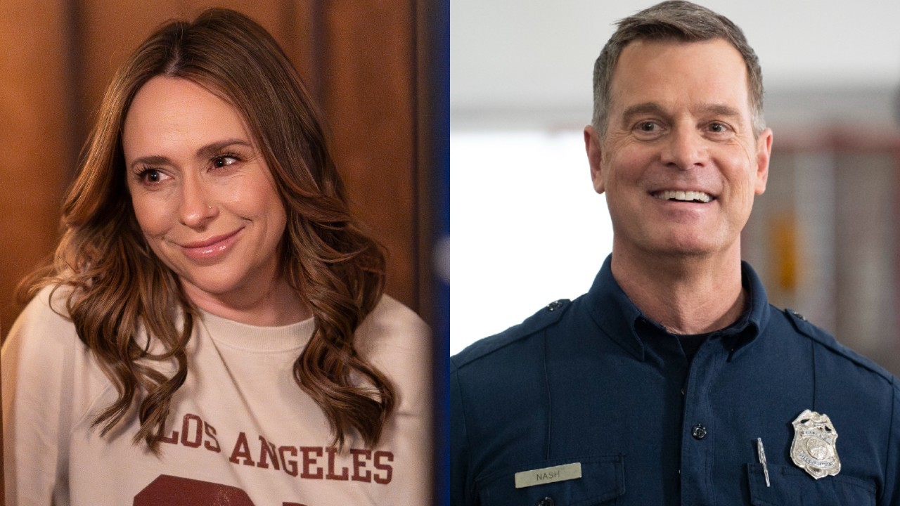 Jennifer Love Hewitt and Peter Krause smiling on 9-1-1.