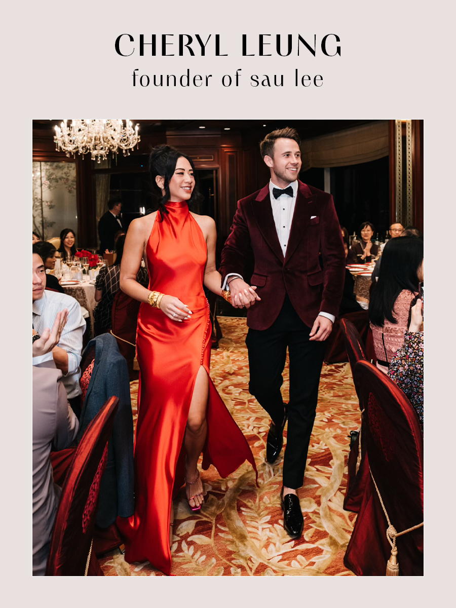 Cheryl Leung wearing a red Sau Lee gown.