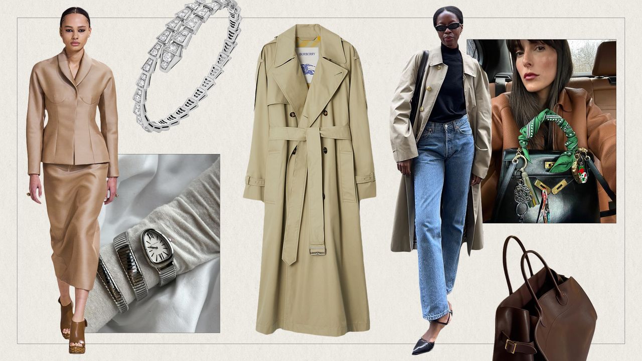 A collage of images showcasing heirloom pieces like Bulgari jewelry, Burberry trenches, and Hermès scarves and bags.