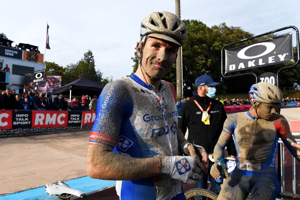 ROUBAIX FRANCE OCTOBER 03 Arnaud Demare of France and Team Groupama FDJ covered in mud after the 118th ParisRoubaix 2021 Mens Eilte a 2577km race from Compigne to Roubaix ParisRoubaix on October 03 2021 in Roubaix France Photo by Tim de WaeleGetty Images