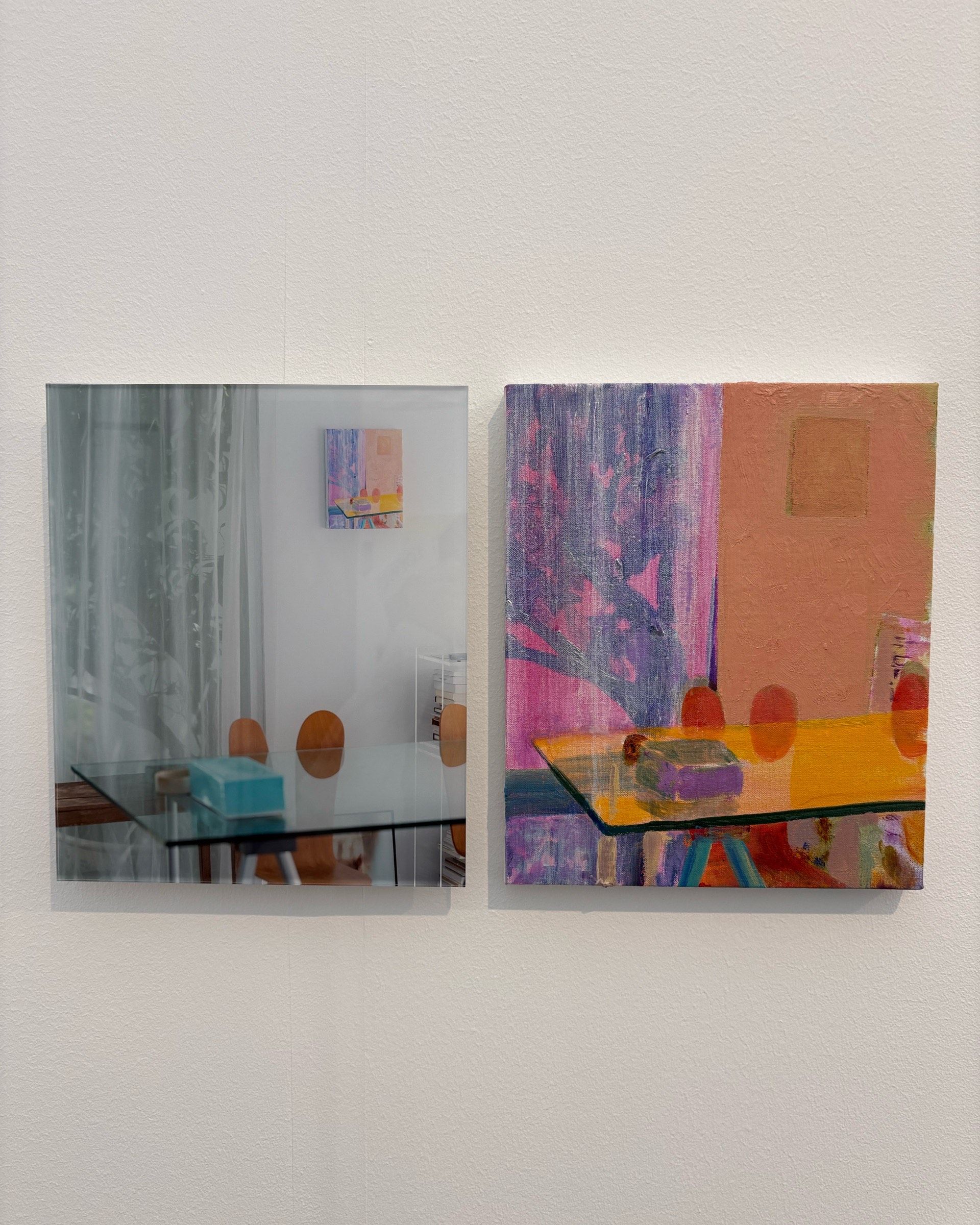 A series of canvases portraying domestic scenes, including people reading, drinking coffee, and empty dining rooms.