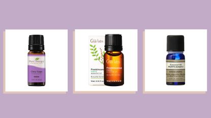 three of w&h's best essential oils picks on a lilac background