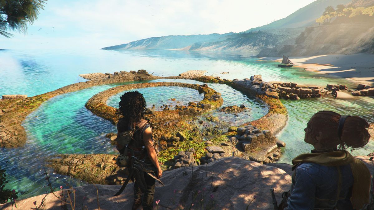Screens from a fantasy video game set in ancient greek ruins