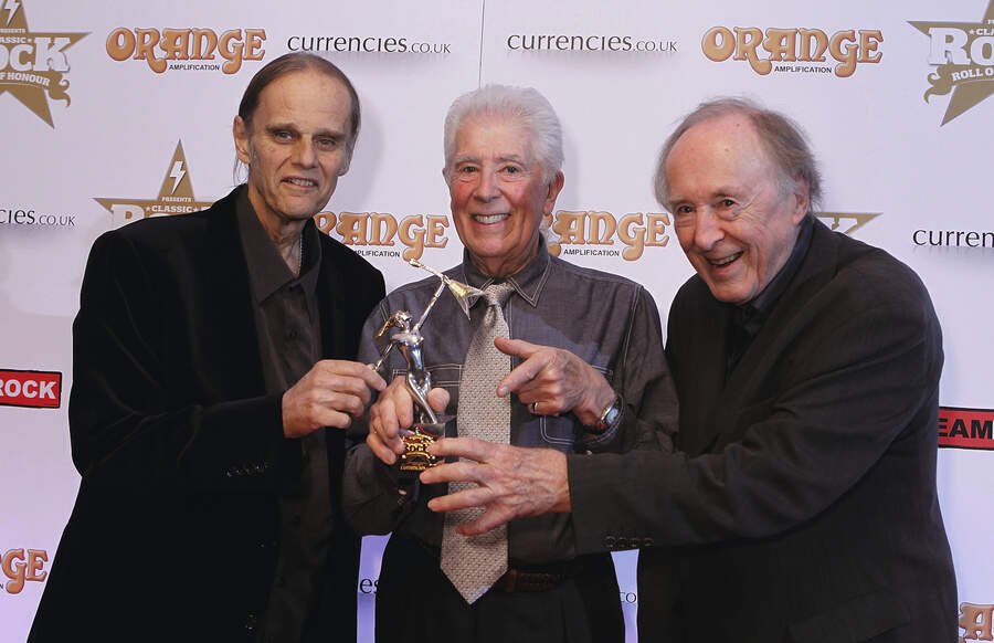 Walter Trout, John Mayall and Chris Barber hold the Classic Album Award at the Classic Rock Roll of Honour at The Roundhouse on November 14, 2013 in London, England