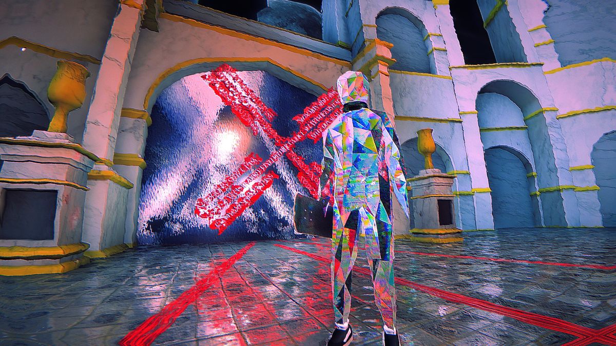Skate Story crystal person standing in arched room with x over gate