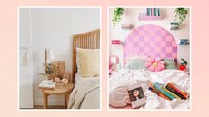 two colorful bedrooms on a peach gradient