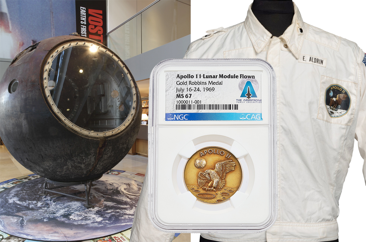 The three most expensive examples of space memorabilia: Neil Armstrong's gold Apollo 11 medallion, Buzz Aldrin's Apollo 11 jacket and the Soviet-era Vostok 3KA-2 spacecraft.