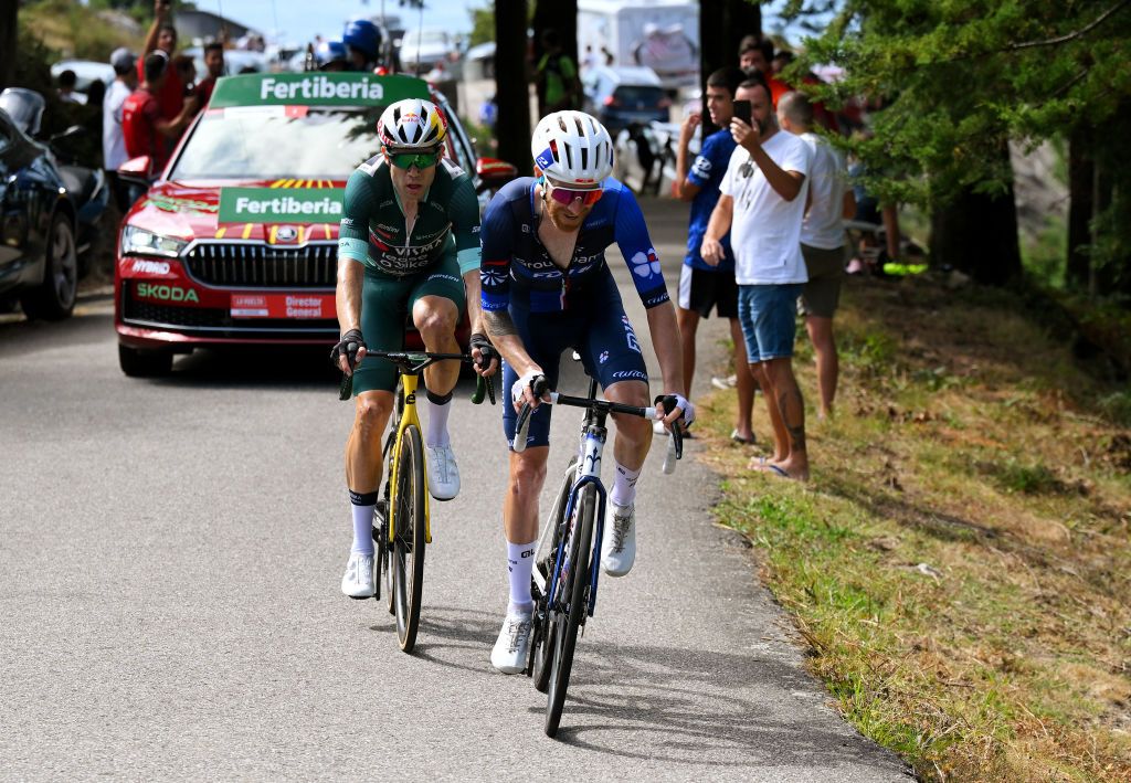 BAIONA SPAIN AUGUST 27 LR Wout van Aert of Belgium and Team Visma Lease a Bike Green Points Jersey and Quentin Pacher of France and Team GroupamaFDJ compete in the breakaway during the La Vuelta 79th Tour of Spain 2024 Stage 10 a 160km stage from Ponteareas to Baiona UCIWT on August 27 2024 in Baiona Spain Photo by Tim de WaeleGetty Images