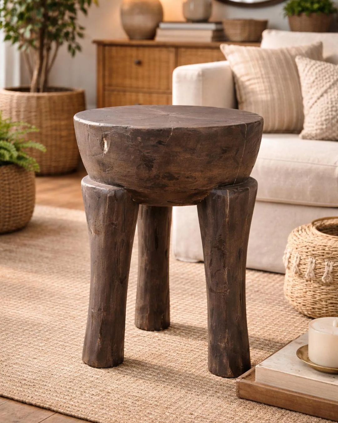African Wood Stool: West African Interior Decor in a beige-decorated living room with rattan carpets, baskets, and furniture.