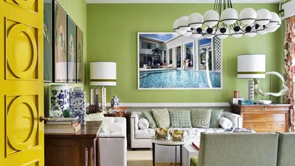 a lime green room with a yellow door and maximalist decor