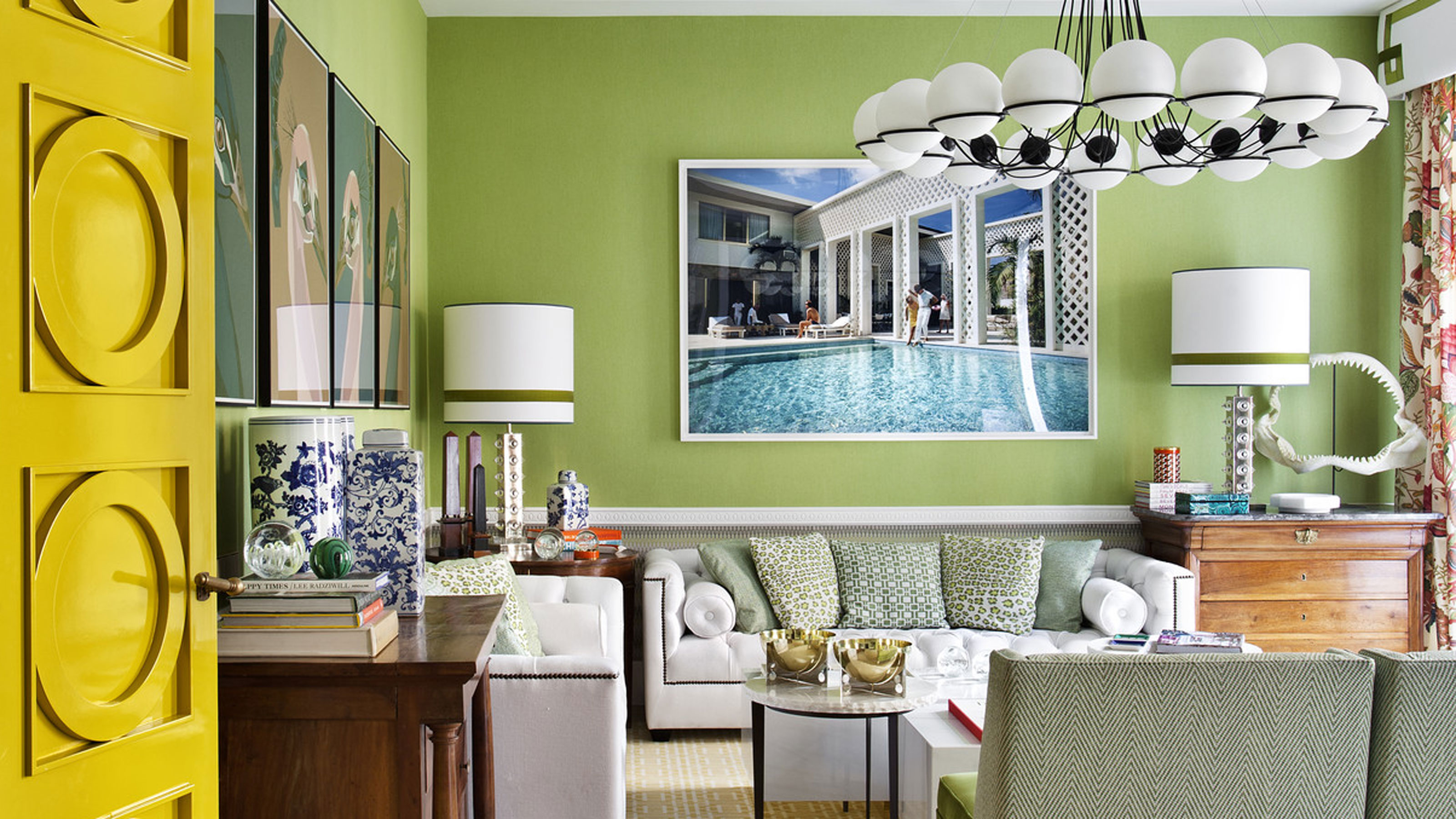 traditional white and green rooms