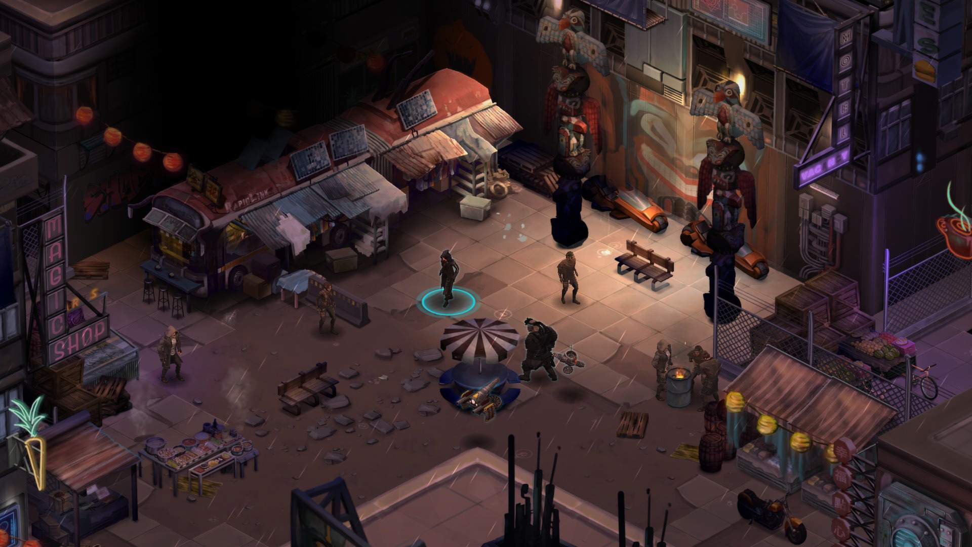 In Shadowrun Returns, the shadowrunner walks down the corner of a dark city street where a magic shop can be seen