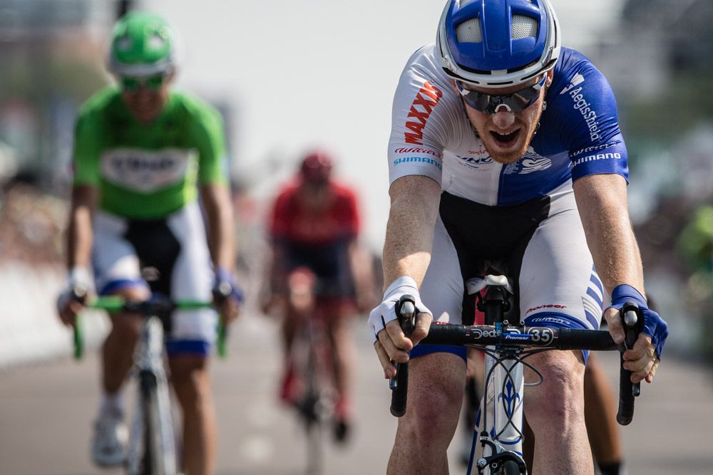 John Murphy (UnitedHealthcare) tries to slow down after the win