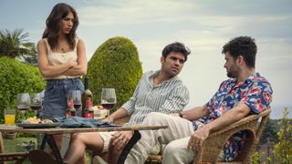 Erin, Jordi and Emilio drinking wine in the sun for Who is Erin Carter? episode 2