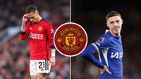 Manchester United crest as Antony and Chelsea winger Cole Palmer watch on