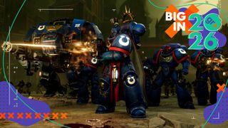 A squad of space marines standing in a row and firing in Total War: Warhammer 40K