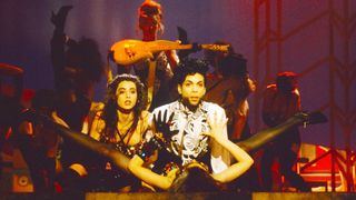 Prince performs during the shoot for the Cream video