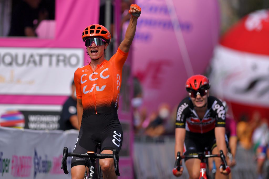 TERRACINA ITALY SEPTEMBER 15 Arrival Marianne Vos of The Netherlands and Team CCC Liv Celebration during the 31st Giro dItalia Internazionale Femminile 2020 Stage 5 a 1103km stage from Terracina to Terracina GiroRosaIccrea GiroRosa on September 15 2020 in Terracina Italy Photo by Luc ClaessenGetty Images