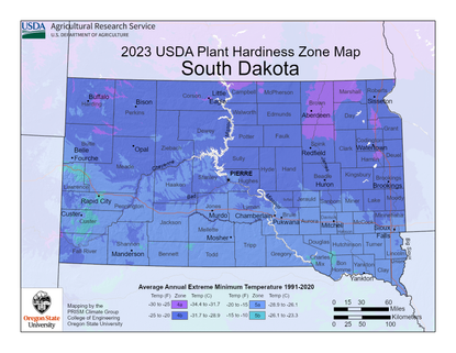 USDA Plant Hardiness Zone Map for South Dakota