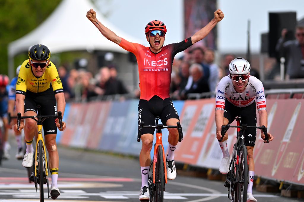 Tom Pidcock celebrates his win at the first of the 2024 Ardennes triple at Amstel Gold Race 