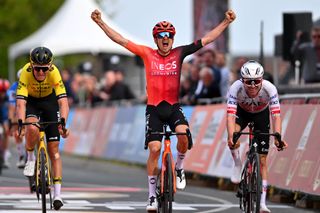 Tom Pidcock celebrates his win at the first of the 2024 Ardennes triple at Amstel Gold Race 