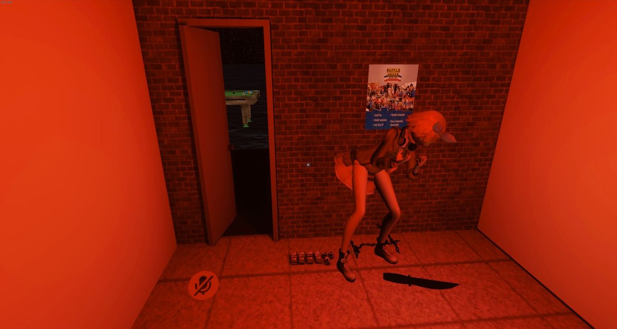 Disturbing scene of some manner of anime girl chained up in the back of the Waffle House on the Moon