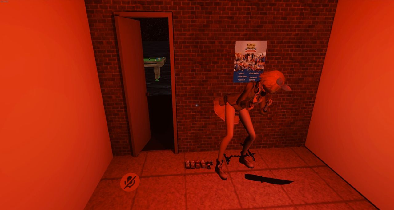 Disturbing scene of some manner of anime girl chained up in the back of the Waffle House on the Moon
