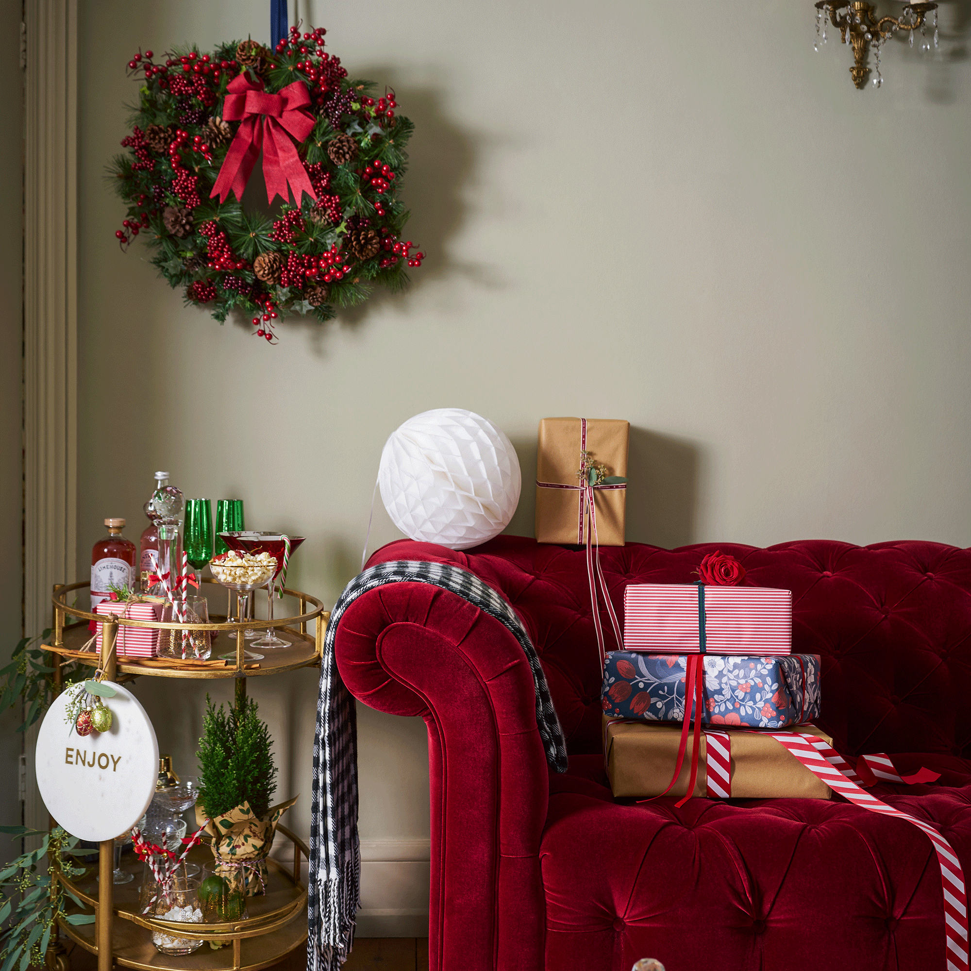 Red sofa with christmas decorations