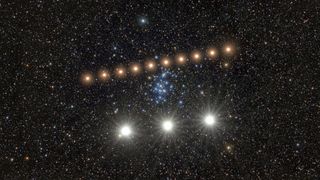 A series of bright golden dots form a diagonal line in the center of a starry night, with three larger whiter dots at the bottom of the image. 