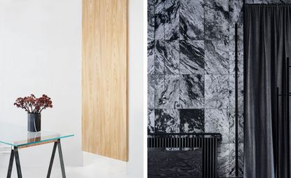 The photo to the left shows a glass table with a vase with flowers on it and a rectangular wooden board on the wall. The photo to the right shows a dar marble tiled wall with a black curtain.