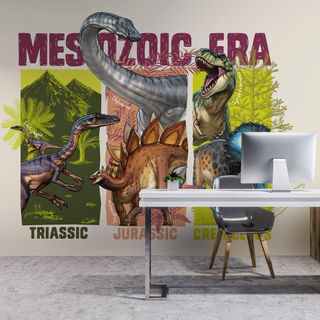Dragon wallpaper on wall with monitor and table with chair
