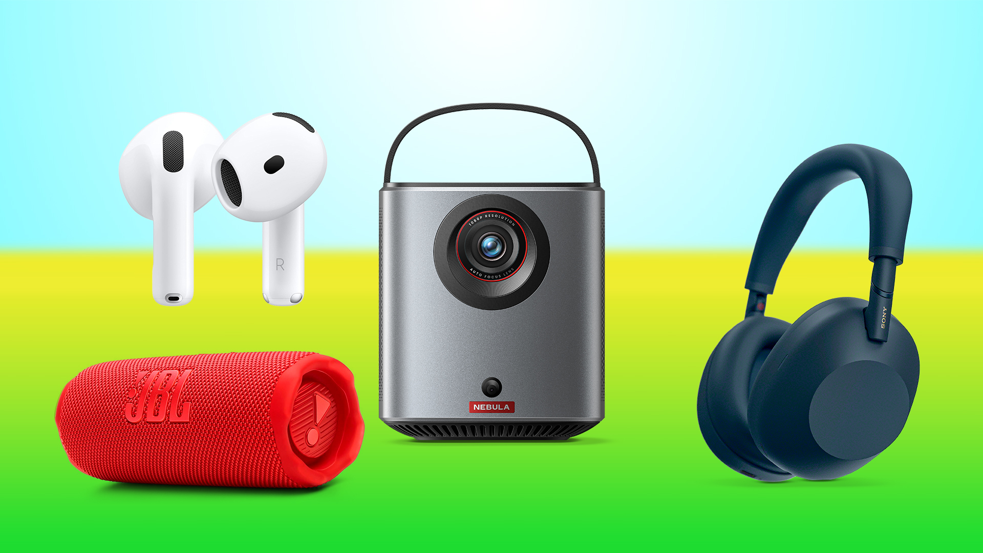 The Apple AirPods 4 with ANC, JBL Flip 7, Anker Nebula Mars 3 Air and Sony WH-1000XM6 press images with a spring background 