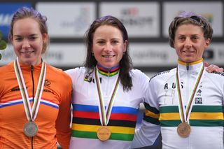 Annemiek van Vleuten (Netherlands) winner of the women's time trial title, flanked by Anna van der Breggen and Katrin Garfoot