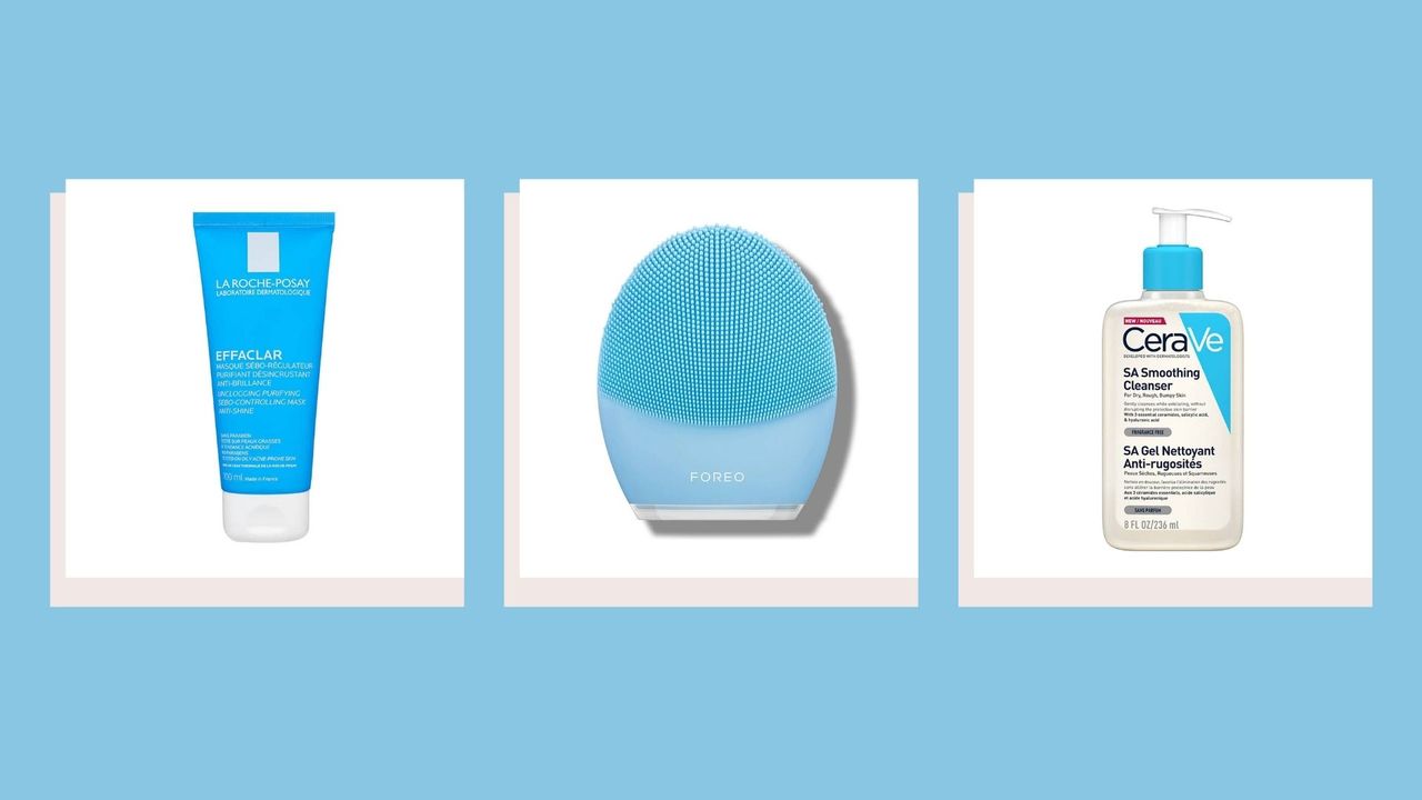 three of w&amp;h&#039;s best blackhead removers on a light blue background with light grey-beige shadows around each product image