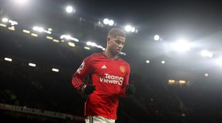 MANCHESTER, ENGLAND - JANUARY 14: Marcus Rashford of Manchester United in action during the Premier League match between Manchester United and Tottenham Hotspur at Old Trafford on January 14, 2024 in Manchester, England. (Photo by Matthew Peters/Manchester United via Getty Images)