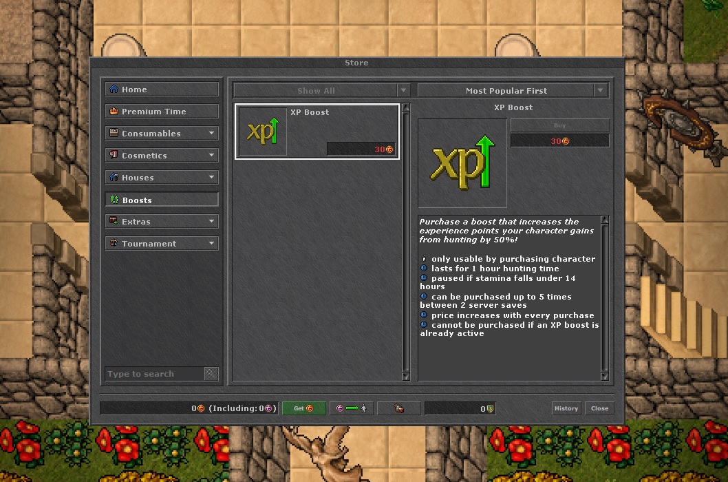En skärmdump från Tibia som visar Tibia Coins-shoppen.