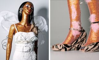 Two photos of a brown painted mannequin - the first photo shows the mannequin with black hair, a white dress and white wings and the second photo is a close up of the mannequins lower legs in fishnet tights and feet in patterned shoes