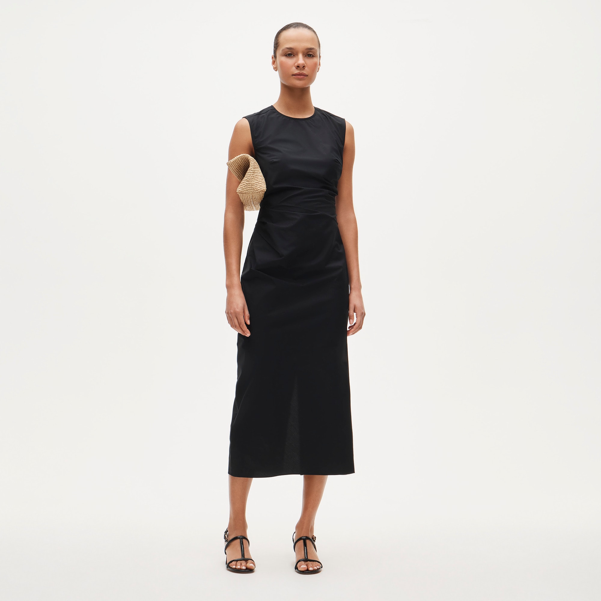 Ruched Midi Dress in Stretch Cotton-Blend Poplin