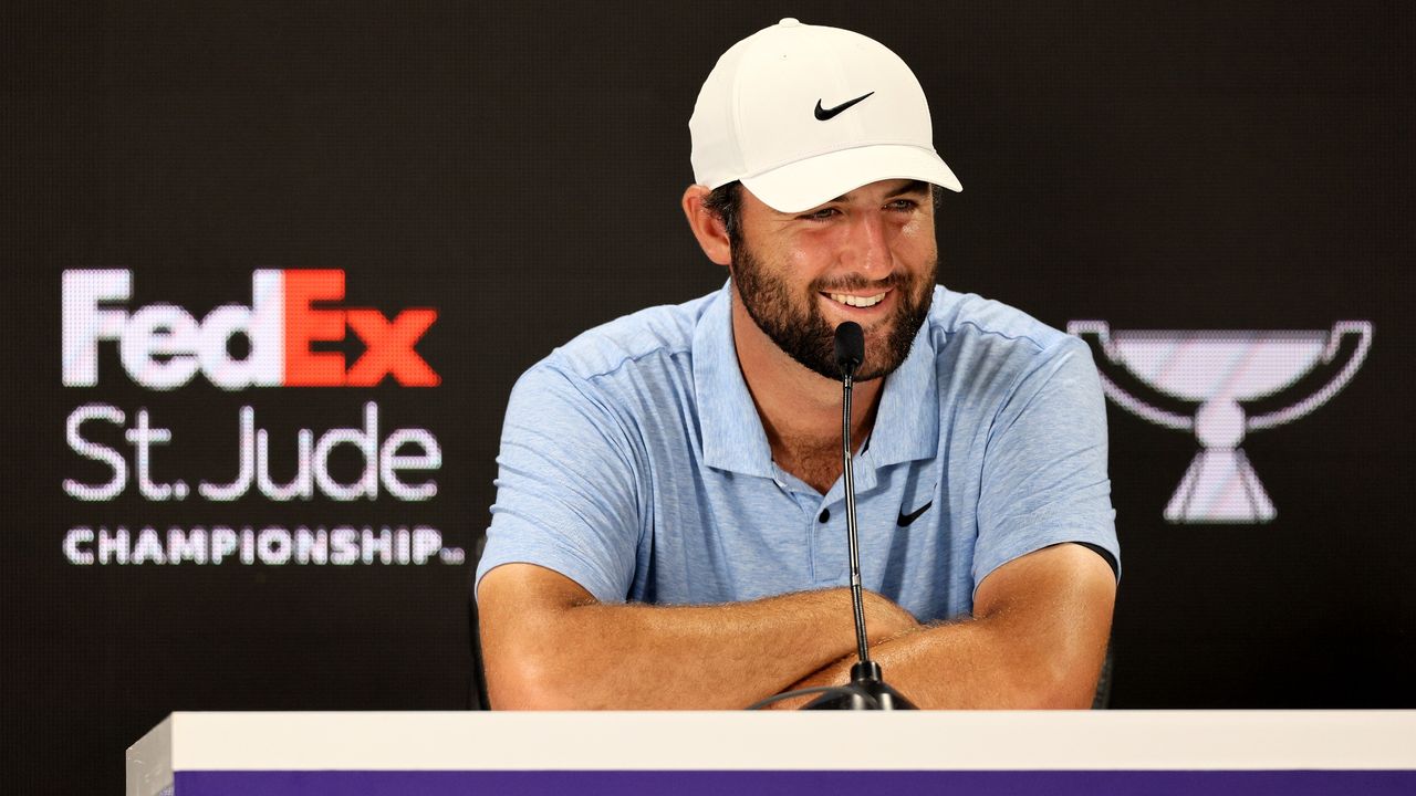 Scottie Scheffler talks to the media prior to the FedEx St. Jude Championship